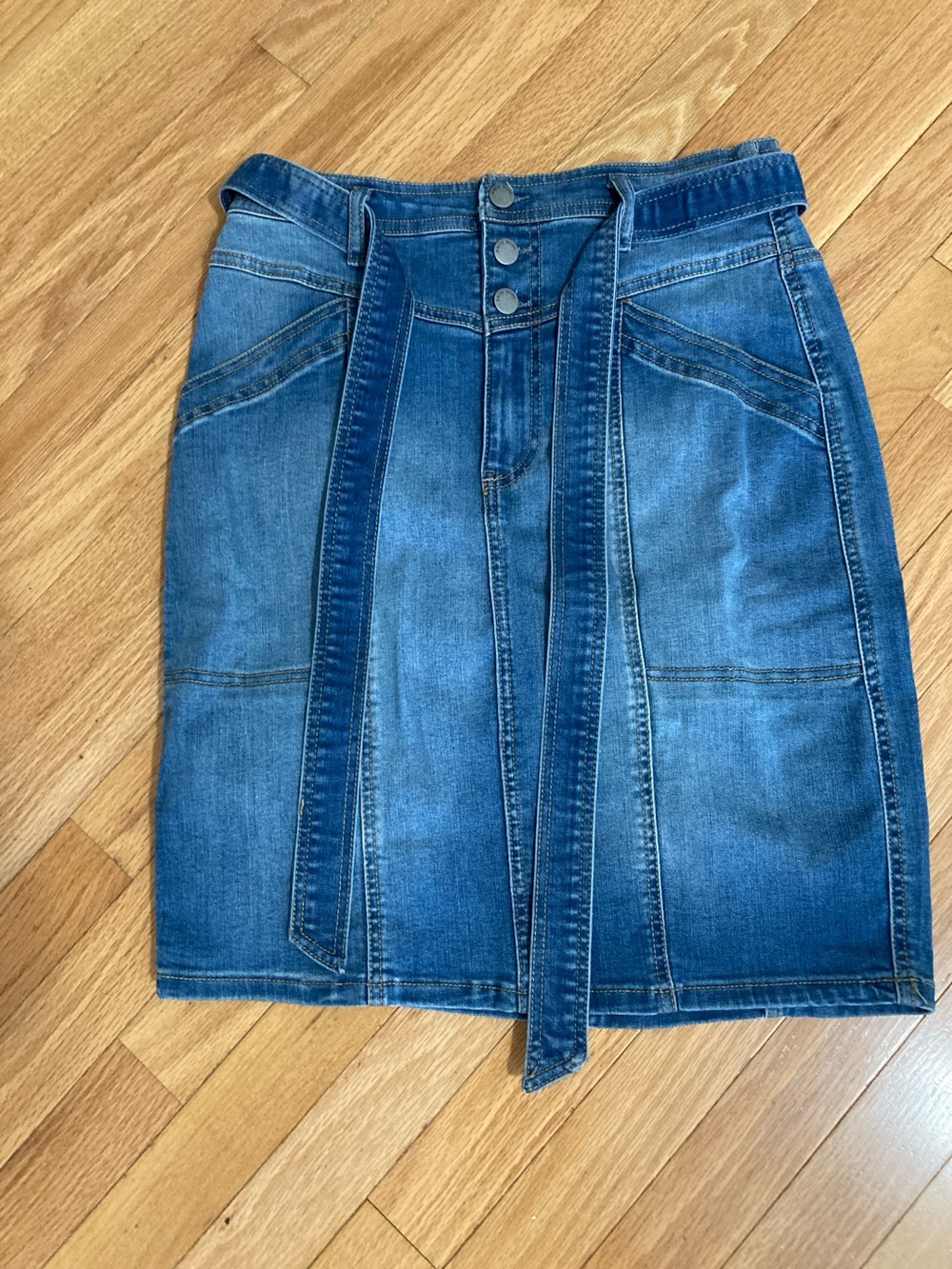 Knox Rose Blue Denim Panel Pencil Skirt with Tie